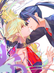 Rule 34 | 2girls, alternate hairstyle, bad id, bad pixiv id, black hair, black suit, blonde hair, blurry, collar, collared shirt, depth of field, dress, eye contact, eyelashes, face-to-face, fingernails, flower, formal, from side, glass shards, highres, holding hands, inoue takina, interlocked fingers, looking at another, lycoris recoil, multiple girls, necktie, nishikigi chisato, official alternate costume, parted lips, ponytail, purple eyes, red dress, red eyes, red necktie, shirt, suit, tr6xx, white shirt, yuri