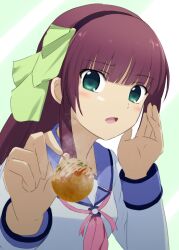 Rule 34 | 1girl, angel beats!, black hairband, blue sailor collar, blunt bangs, blush, bow, commentary, dango, eyes visible through hair, food, foreshortening, green bow, green eyes, hair bow, hairband, hands up, highres, holding, holding food, incoming food, lelie (lelie link), long sleeves, looking at viewer, medium hair, nakamura yuri, neckerchief, open mouth, pink neckerchief, purple hair, sailor collar, shinda sekai sensen uniform, shirt, sidelocks, simple background, solo, steam, straight hair, upper body, wagashi, white background, white shirt