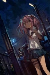 Rule 34 | 1girl, absurdres, blue sailor collar, blue skirt, building, cellphone, hair between eyes, hair bobbles, hair ornament, highres, holding, holding phone, kaamin (mariarose753), kantai collection, lamppost, neck ribbon, night, outdoors, phone, pink eyes, pink hair, pleated skirt, red ribbon, ribbon, sailor collar, sazanami (kancolle), school uniform, serafuku, short sleeves, short twintails, skirt, sky, smartphone, solo, standing, twintails