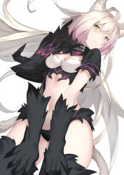 Rule 34 | 1girl, agrius metamorphosis, ahoge, animal ear fluff, animal ears, atalanta (fate), atalanta alter (fate), black collar, black panties, blush, breasts, cat ears, cat tail, claws, closed mouth, collar, commentary request, fate/grand order, fate (series), fur, green eyes, km yama, long hair, looking at viewer, medium breasts, panties, short sleeves, silver hair, simple background, solo, tail, underwear, very long hair, white background