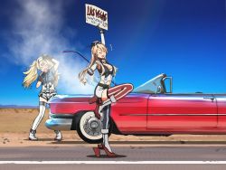 Rule 34 | 2girls, annin musou, asymmetrical legwear, bad id, bad twitter id, blonde hair, blue shirt, blue sky, breast pocket, breasts, cadillac, cadillac eldorado, car, closed eyes, collared shirt, commentary request, desert, english text, fingerless gloves, full body, gambier bay (kancolle), gloves, hairband, hitchhiking, holding, holding sign, iowa (kancolle), kantai collection, large breasts, miniskirt, mismatched legwear, motor vehicle, multicolored clothes, multicolored gloves, multiple girls, outdoors, pocket, road, rudder footwear, shirt, shorts, sign, skirt, sky, smoke, striped clothes, striped skirt, striped thighhighs, thighhighs, twintails, vehicle focus, vehicle request, vertical-striped clothes, vertical-striped skirt, vertical-striped thighhighs, white legwear
