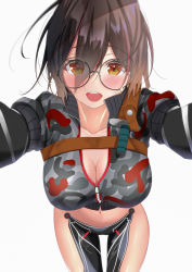 Rule 34 | 1girl, absurdres, bad id, bad twitter id, bespectacled, blush, breasts, brown hair, camouflage, cleavage, commentary request, glasses, hair between eyes, highres, hololive, knife, large breasts, looking at viewer, mechanical arms, navel, open mouth, pov, reaching, reaching towards viewer, roboco-san, roboco-san (1st costume), short hair, simple background, solo focus, teardrop-framed glasses, virtual youtuber, white background, yellow eyes