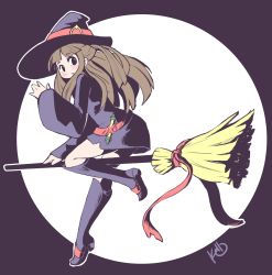 Rule 34 | 1girl, angelica (k3lly), artist name, belt, black eyes, blush, boots, broom, broom riding, brown hair, dress, from side, full body, full moon, hat, highres, kagari atsuko, leg up, little witch academia, long hair, long sleeves, looking at viewer, looking to the side, luna nova school uniform, moon, purple background, purple dress, purple hat, purple legwear, red ribbon, ribbon, school uniform, signature, simple background, solo, standing, standing on one leg, waving, witch hat