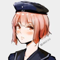 Rule 34 | 1girl, beret, black sailor collar, blue hat, blush, closed mouth, hat, kantai collection, looking at viewer, noccu, one-hour drawing challenge, pink eyes, pink hair, portrait, sailor collar, school uniform, serafuku, short hair, simple background, solo, twitter username, white background, z3 max schultz (kancolle)