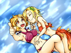 Rule 34 | 2girls, :d, aki minoriko, aki shizuha, bad id, bad pixiv id, bikini, blonde hair, breasts, criss-cross halter, closed eyes, female focus, halterneck, halterneck, medium breasts, multiple girls, mutsuki (tsugaidanuki), open mouth, partially submerged, pointing, red eyes, sarong, short hair, siblings, sisters, skinny, small breasts, smile, swimsuit, touhou, water