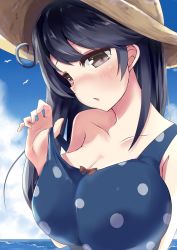 Rule 34 | 10s, 1girl, adjusting clothes, adjusting swimsuit, ahoge, bird, black hair, blue one-piece swimsuit, blush, bow, breasts, brown eyes, female focus, gradient background, hat, highres, kantai collection, large breasts, long hair, ocean, one-piece swimsuit, open mouth, polka dot, polka dot swimsuit, solo, soramuko, swimsuit, ushio (kancolle)