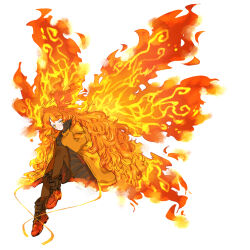 Rule 34 | 1girl, black dress, black footwear, boots, bow, brown pantyhose, dress, e.g.o (project moon), fiery hair, fiery wings, fire, hair bow, ishmael (project moon), jacket, limbus company, long hair, looking at viewer, orange bow, orange eyes, orange hair, orange jacket, orange wings, pantyhose, project moon, simple background, sitting, solo, uchimura (rino0525), very long hair, white background, wings