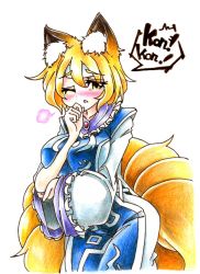 Rule 34 | 1girl, animal ears, blonde hair, blush, breasts, collarbone, colored pencil (medium), coughing, eyelashes, fever, fox ears, fox tail, goku (acoloredpencil), gokuu (acoloredpencil), hand to own mouth, highres, large breasts, leaning forward, looking at viewer, multiple tails, no headwear, one eye closed, short hair, sick, simple background, solo, tabard, tail, tears, touhou, traditional media, white background, wide sleeves, wink, yakumo ran, yellow eyes