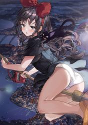 Rule 34 | 1girl, :o, animal, animal on shoulder, ass, black dress, black eyes, black hair, broom, broom riding, brown footwear, cat, cat on shoulder, city, city lights, cityscape, commentary request, dress, flying, hairband, highres, jiji (majo no takkyuubin), kiki (majo no takkyuubin), legs, long hair, looking at viewer, majo no takkyuubin, night, panties, radio, red hairband, revision, saya (mychristian2), shoes, short sleeves, underwear, upskirt, white panties, witch