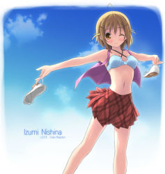 Rule 34 | 1girl, bikini, bikini top only, blush, brown hair, cloud, day, holding, holding shoes, kantoku, lingerie, one eye closed, open clothes, open shirt, original, plaid, plaid skirt, pleated skirt, sandals, shirt, shoes, unworn shoes, skirt, sky, smile, solo, swimsuit, underwear, wink