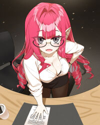 Rule 34 | 1girl, absurdres, baobhan sith (fate), black skirt, breasts, brown pantyhose, cleavage, collarbone, collared shirt, fate/grand order, fate (series), glasses, grey eyes, highres, hyperbudd, large breasts, long hair, long sleeves, looking at viewer, office lady, open mouth, pantyhose, pencil skirt, pink hair, pointy ears, shirt, sidelocks, skirt, solo, white shirt