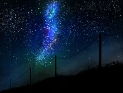 Rule 34 | commentary request, galaxy, highres, meeu0biss, night, night sky, original, outdoors, plant, power lines, scenery, silhouette, sky, star (sky), starry sky, utility pole, variant set