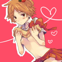 Rule 34 | 1girl, atlus, bad id, bad pixiv id, breasts, brown hair, clothes lift, food, food-themed clothes, food-themed hair ornament, food themed hair ornament, fruit, genderswap, genderswap (mtf), hair ornament, hanamura yousuke, medium breasts, persona, persona 4, school uniform, shirt lift, short hair, skirt, solo, strawberry, strawberry hair ornament, tayako