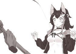 Rule 34 | 1girl, animal ear fluff, animal ears, bikini, blush, bra, bra pull, choker, clothes pull, collarbone, disembodied limb, fishing line, fishing rod, front-tie top, hair between eyes, hair ornament, hairclip, hololive, hood, hoodie, long hair, midriff, mochiyuki (gigfor1), monochrome, multicolored hair, ookami mio, ookami mio (hololive summer 2019), open mouth, ponytail, sidelocks, swimsuit, underwear, virtual youtuber, white background, wolf ears, wolf girl
