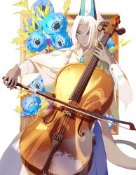 Rule 34 | 1boy, arjuna (fate), arjuna alter (fate), blue eyes, cello, closed mouth, commentary request, dark-skinned male, dark skin, fate/grand order, fate (series), flower, hair between eyes, highres, holding, horns, instrument, jewelry, long hair, male focus, sakuramochi1003, solo, white hair
