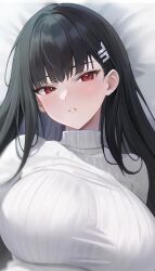 Rule 34 | bed, black hair, blue archive, breasts, hair ornament, hairclip, large breasts, long hair, looking at viewer, lying, on bed, preview (preview0), red eyes, rio (blue archive), sweater, twitter, upper body