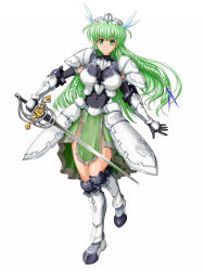 Rule 34 | alternate color, armor, breasts, copyright request, forehead protector, green eyes, green hair, highres, long hair, raochuu, rapier, smile, sword, weapon