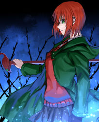 Rule 34 | 1girl, black skirt, coat, delsaber, from side, green coat, green eyes, hair between eyes, hatori chise, highres, holding, holding staff, hood, hood down, hooded coat, mahou tsukai no yome, miniskirt, open clothes, open coat, parted lips, pleated skirt, profile, red hair, red sweater, short hair, skirt, solo, staff, standing, sweater