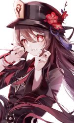 Rule 34 | 1girl, bead bracelet, beads, black hat, black jacket, black nails, blush, bracelet, breasts, brown hair, chinese clothes, commentary, eyelashes, flower, flower-shaped pupils, genshin impact, gradient hair, grin, hair between eyes, hat, hat flower, highres, hu tao (genshin impact), jacket, jewelry, long hair, looking at viewer, misumi (macaroni), multicolored hair, multiple rings, nail polish, plum blossoms, porkpie hat, red eyes, red hair, red shirt, ring, shirt, simple background, small breasts, smile, solo, symbol-shaped pupils, tangzhuang, tassel, twintails, two-tone hair, upper body, white background