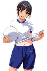 Rule 34 | 1girl, :d, ball, black hair, blue shorts, blush, clothes lift, cowboy shot, eyebrows, grey eyes, gym shorts, gym uniform, head tilt, highres, holding, holding ball, lifted by self, looking at viewer, matsunaga kouyou, midriff, navel, open mouth, original, puffy short sleeves, puffy sleeves, round teeth, shirt, shirt lift, short sleeves, shorts, smile, solo, sportswear, standing, tan, tareme, teeth, volleyball, volleyball (object), white shirt