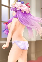 Rule 34 | 1girl, ass, bow, breasts, crescent, female focus, hair bow, hat, highres, kasuga yukihito, large breasts, long hair, nipples, panties, patchouli knowledge, purple eyes, purple hair, revision, solo, striped clothes, striped panties, topless, touhou, underwear, window