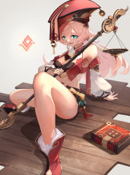 Rule 34 | 1girl, absurdres, aqua eyes, bare legs, bare shoulders, black bra, book, bow, bra, breasts, cleavage, cleavage cutout, clothing cutout, crop top, detached sleeves, genshin impact, hair between eyes, half-closed eyes, hat, high heels, highres, holding, holding staff, legs, long hair, long sleeves, open mouth, red hat, short shorts, shorts, sitting, small breasts, smile, solo, staff, tatty, underwear, wide sleeves, yanfei (genshin impact), yellow bow