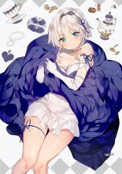 Rule 34 | 1girl, bare shoulders, blue eyes, blue ribbon, breasts, choker, cleavage, cookie, cup, detached sleeves, dress, elbow gloves, food, gloves, hairband, jewelry, jewelry box, leg ribbon, looking at viewer, necklace, original, pearl necklace, ribbon, silver hair, smile, solo, sukja, teacup, teapot, thigh ribbon, white dress, white gloves