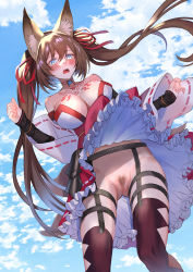 Rule 34 | absurdres, bare shoulders, blue eyes, blush, breasts, brown hair, bursting breasts, caleen keemosn, censored, choker, clothes lift, commission, detached sleeves, embarrassed, fox ears, fox girl, fox tail, garter belt, garter straps, hair ribbon, highres, japanese clothes, large breasts, long hair, miko, mosaic censoring, multiple tails, no panties, open mouth, pubic hair, ribbon, runes, skirt, skirt lift, star ocean, star ocean anamnesis, sweat, tail, thighhighs, twintails, very long hair, wind, ycco (estrella)