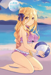 Rule 34 | 1girl, absurdres, ball, barefoot, beach, beachball, blonde hair, breasts, cleavage, date a live, dawn, hair between eyes, highres, holding, holding ball, holding beachball, hoshimiya mukuro, large breasts, long hair, looking at another, solo, swimsuit, tsubasaki, very long hair, yellow eyes