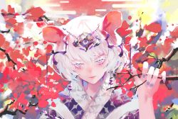 Rule 34 | 1girl, animal ears, branch, chinese zodiac, closed mouth, diadem, fingernails, flower, hand up, highres, jitome, looking at viewer, mole, mole under mouth, mouse ears, nail polish, original, purple eyes, purple nails, red flower, rsef, solo, upper body, white hair, year of the rat