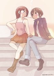 Rule 34 | 2girls, black footwear, black jacket, blue pants, blush, brown eyes, brown footwear, brown hair, camisole, cigarette, cigarette kiss, commentary request, dated, dusk, eye contact, hand on another&#039;s knee, hasegawa fumi, jacket, long hair, looking at another, miniskirt, multiple girls, no socks, okano kei, open clothes, open jacket, pants, pink shirt, pleated skirt, rainydayjp, red skirt, shirt, shoes, short hair, sitting, skirt, sky, sleeveless, smoke, smoking, spaghetti strap, sun, sunset, white shirt, yuri, yuyushiki