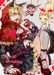 Rule 34 | 2boys, animal ears, battle tendency, black corset, blonde hair, blood, blood on clothes, blood on face, blood on hands, bound, brown hair, caesar anthonio zeppeli, capelet, cat, chibi, claws, corset, cosplay, crossdressing, dangling, facial hair, facial mark, green eyes, highres, jojo no kimyou na bouken, joseph joestar, joseph joestar (young), kemonomimi mode, little red riding hood, little red riding hood (grimm), little red riding hood (grimm) (cosplay), male focus, multiple boys, red capelet, red hood, stubble, tail, thighhighs, tied up (nonsexual), white thighhighs, wolf ears, wolf tail, zhoujo51