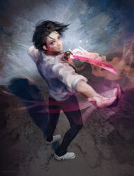 black_hair blue_eyes greybookman highres jujutsu_kaisen katana okkotsu_yuuta shirt shoes sneakers sword weapon white_shirt