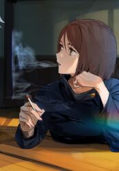 Rule 34 | 1girl, black jacket, blowing smoke, breasts, brown eyes, brown hair, cigarette, commentary request, day, floor, funi mu9, hair between eyes, hand on own chin, head tilt, highres, holding, holding cigarette, ieiri shoko, indoors, jacket, jujutsu kaisen, looking to the side, medium breasts, medium hair, open mouth, sitting, smoke, solo, swept bangs, table, wall, wooden floor