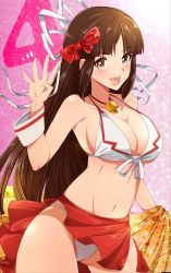 Rule 34 | 10s, 1girl, :d, alternate costume, bikini, blush, bow, brown eyes, brown hair, collarbone, commentary request, contrapposto, cowboy shot, front-tie bikini top, front-tie top, hair bow, hair ribbon, hime cut, hiyou (kancolle), jewelry, kantai collection, long hair, looking at viewer, magatama, makumaxu, navel, open mouth, pendant, ribbon, sarong, smile, solo, standing, swimsuit, very long hair, white bikini, wrist cuffs