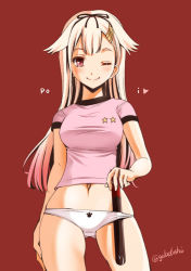 Rule 34 | 10s, 1girl, alternate costume, blonde hair, breasts, commentary request, cowboy shot, hair flaps, hair ornament, hair ribbon, hairclip, heart, kantai collection, legs apart, long hair, medium breasts, navel, no pants, object in clothes, object in panties, one eye closed, panties, paw print, pink shirt, red eyes, ribbon, shirt, smile, sogabe toshinori, solo, standing, star (symbol), star print, t-shirt, torpedo, twitter username, underwear, white panties, yuudachi (kancolle), yuudachi kai ni (kancolle)
