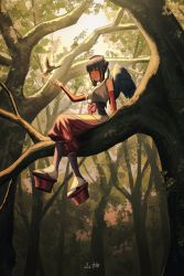 Rule 34 | 1girl, absurdres, bird, black hair, blunt bangs, ccakira000, commentary, detached sleeves, double bun, eyeshadow, feathered wings, forest, hair bun, hand up, hat, highres, in tree, looking at viewer, makeup, medium hair, nature, nijisanji, obi, okobo, outdoors, pom pom (clothes), red eyeshadow, sandals, sash, sitting, sitting in tree, sitting on branch, smile, solo, tokin hat, tree, two side up, virtual youtuber, wings, yamagami karuta, yellow eyes