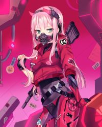 1girl absurdres alternate_costume bodysuit breasts commentary cyberpunk darling_in_the_franxx english_commentary green_eyes gun headband highres horns indoors jacket long_hair looking_at_viewer mask mecha_pilot_suit medium_breasts mouth_mask parasite_suit_(darling_in_the_franxx) pink_hair red_horns red_jacket sidelocks solo turtleneck weapon yaya_chan zero_two_(darling_in_the_franxx)