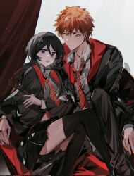 1boy 1girl black_coat black_hair black_skirt black_thighhighs bleach coat collared_shirt diagonal-striped_clothes diagonal-striped_necktie gryffindor highres hogwarts_school_uniform holding holding_wand kuchiki_rukia kurosaki_ichigo long_sleeves looking_at_viewer medium_hair necktie open_mouth orange_eyes orange_hair purple_eyes red_necktie ringotower school_uniform shirt skirt striped_clothes thighhighs wand white_background white_shirt wizarding_world