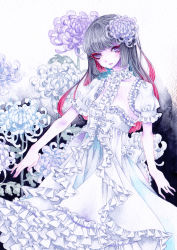 Rule 34 | 1girl, blush, commentary request, dress, flower, frilled dress, frills, green flower, hair flower, hair ornament, long hair, looking at viewer, miri (tobira no mukou), multicolored hair, open mouth, original, puffy sleeves, purple eyes, purple flower, short sleeves, solo, white background, white dress, white flower
