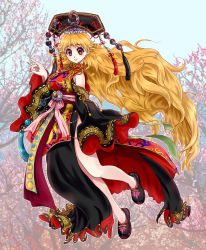 Rule 34 | 1girl, adapted costume, bare shoulders, belt, black dress, black footwear, black hat, blonde hair, blue sky, blush, bow, bowtie, branch, breasts, chinese clothes, closed mouth, crescent, crescent hat ornament, detached sleeves, dress, floral print, flower, full body, hand up, hat, hat ornament, highres, junko (touhou), leg up, long hair, long sleeves, looking at viewer, medium breasts, myouga teien, phoenix crown, pink belt, pink bow, pink flower, pom pom (clothes), red belt, red eyes, red tabard, shoes, sky, smile, solo, standing, standing on one leg, tabard, touhou, tree, very long hair, white bow, white bowtie, wide sleeves