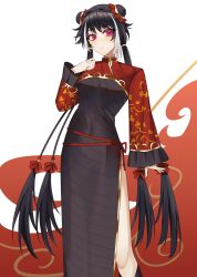 1girl absurdres arm_at_side black_dress black_hair breasts chinese_clothes commentary_request covered_navel double_bun dress expressionless feet_out_of_frame fingernails gold_trim hair_bun hand_up highres jia_xichun_(project_moon) limbus_company long_hair long_sleeves looking_at_viewer multicolored_hair pink_eyes project_moon red_shrug side_slit simple_background solo standing streaked_hair touu_yaiba twintails very_long_hair