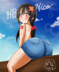 Rule 34 | 1girl, :o, absurdres, aircraft, airplane, alternate hairstyle, artist name, artist request, bare legs, black hair, blue pants, blue sky, blush, bow, breasts, cloud, day, denim, earrings, facial mark, facial tattoo, female focus, flower, from behind, hair between eyes, hair bow, hair flower, hair ornament, hairclip, heart, heart tattoo, highres, jewelry, long hair, long twintails, looking at viewer, looking back, love live!, love live! school idol project, outdoors, pants, parted lips, red bow, red eyes, red flower, shoulder tattoo, sky, smile, solo, star tattoo, sweatdrop, tattoo, twintails, yazawa nico