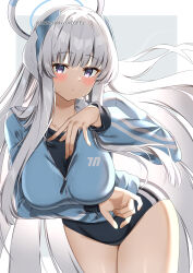 1girl absurdres alternate_costume blue_archive blue_buruma blue_jacket blush breasts buruma grey_hair halo highres jacket large_breasts leaning_forward long_hair looking_at_viewer noa_(blue_archive) partially_unzipped simple_background solo straight_hair sweatdrop track_jacket twitter_username two-tone_background very_long_hair yamano_rokamizu