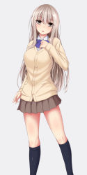 Rule 34 | 1girl, arm at side, black socks, blue bow, bow, breasts, brown skirt, cardigan, contrapposto, cowboy shot, dress shirt, feet out of frame, grey background, grey eyes, grey hair, hand on own chest, head tilt, highres, kansyasai, kneehighs, large breasts, long hair, looking at viewer, miniskirt, original, parted lips, pleated skirt, school uniform, shirt, simple background, skirt, socks, solo, standing, very long hair