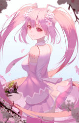 Rule 34 | 1girl, arms at sides, ass, backlighting, bad id, bad pixiv id, bare shoulders, blue background, blush, bouquet, branch, breasts, cherry blossoms, closed mouth, clothes lift, collared shirt, cowboy shot, daimi 94, detached sleeves, eyelashes, flower, gradient background, hair between eyes, hair flower, hair ornament, happy, hatsune miku, highres, holding, holding bouquet, holding flower, leaf, light particles, long hair, looking at viewer, looking back, medium breasts, necktie, number tattoo, petals, pink eyes, pink flower, pink hair, pink necktie, pink rose, pink shirt, pink skirt, pink theme, pink thighhighs, pleated skirt, rose, sakura miku, shirt, shoulder tattoo, sideboob, sidelocks, simple background, skirt, skirt lift, sleeveless, sleeveless shirt, smile, solo, straight hair, tareme, tattoo, thighhighs, thighs, twintails, very long hair, vocaloid, wind, wind lift, yellow flower, yellow rose