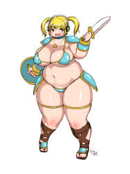 Rule 34 | 1girl, armor, blonde hair, breasts, brown eyes, cleavage, headphones, huge breasts, jewelry, kjmvideo, navel, necklace, nitroplus, plump, shield, star (symbol), super pochaco, sword, thick thighs, thighs, weapon, wide hips