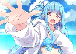 Rule 34 | 1girl, asymmetrical sleeves, bikini, bikini under clothes, blue bikini, blue hair, blue ribbon, blue sky, breasts, caustics, cloud, cloudy sky, commentary request, day, hair ribbon, hand on own chest, jacket, kotonoha aoi, light particles, long hair, long sleeves, looking at viewer, low-tied sidelocks, ocean, one side up, open clothes, open jacket, open mouth, outdoors, outstretched hand, polka dot, polka dot bikini, red eyes, ribbon, sky, small breasts, solo, swimsuit, toromera, uneven sleeves, upper body, voiceroid, white jacket, wide-eyed