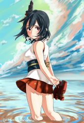 Rule 34 | 1girl, bare shoulders, black hair, blush, breasts, cloud, commentary, day, hair ornament, hair ribbon, holding, holding shoes, japanese clothes, kantai collection, kimono, looking at viewer, looking back, medium breasts, medium hair, nontraditional miko, obi, ocean, outdoors, parted lips, pleated skirt, red eyes, red skirt, ribbon, ripples, sagamiso, sash, shoes, unworn shoes, skirt, sky, sleeveless, soaking feet, solo, standing, twitter username, wading, water, white kimono, white ribbon, yamashiro (kancolle)