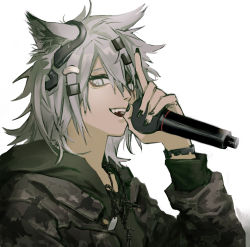 Rule 34 | 1girl, animal ears, arknights, chain, chain necklace, commentary, deatiose, dog tags, grey eyes, grey jacket, hair ornament, hairclip, highres, holding, holding microphone, index finger raised, jacket, jewelry, lappland (arknights), long sleeves, looking at viewer, microphone, musical note, necklace, official alternate costume, open clothes, open jacket, open mouth, print jacket, scar, scar across eye, scar on face, sharp teeth, short hair, silver hair, sitting, slit pupils, solo, symbol-only commentary, teeth, upper teeth only, white background, wolf ears, wolf girl, wristband